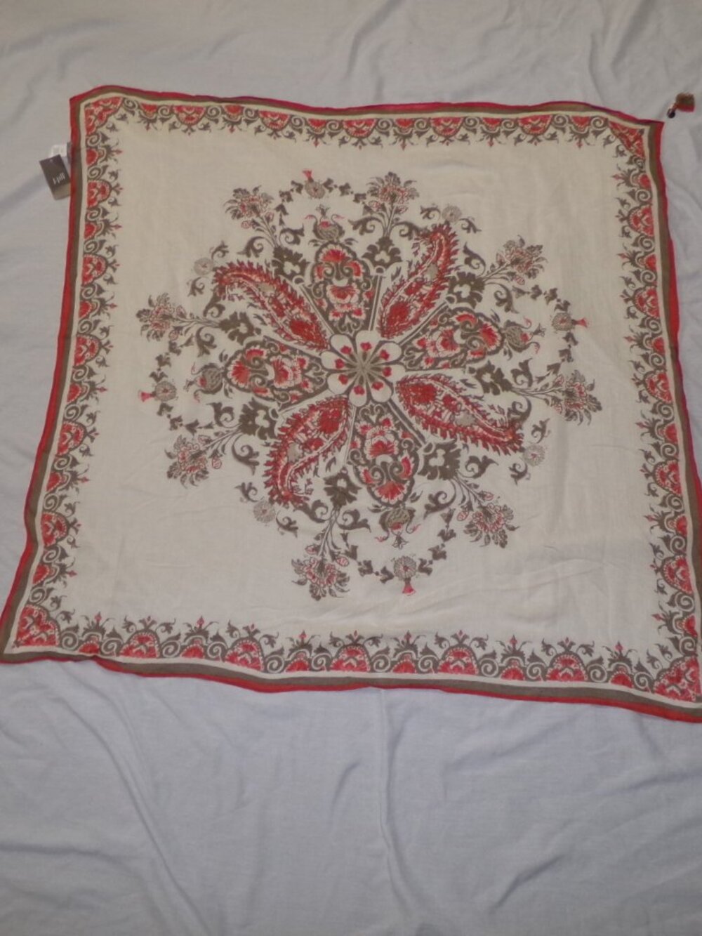 NWT J Jill Poppy Cream Coral Orange Floral Tassel Scarf Wrap 40" x 42" Linen